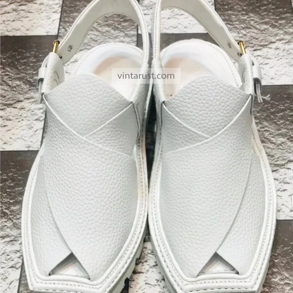 Premium White Peshawari Chappal, Handmade Pure Leather Kaptaan Chappal - Picture 2 of 6